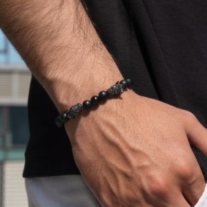 Iced Panther Obsidian Beaded Stretch Bracelet