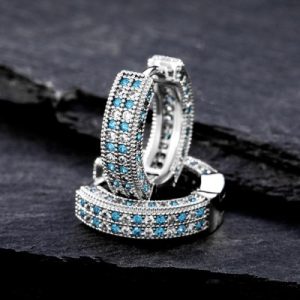 Blue&White Iced Hoop Earring In White Gold