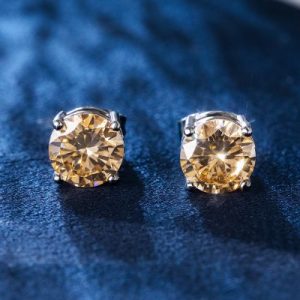 D-Champagne Round Cut Stud Earrings