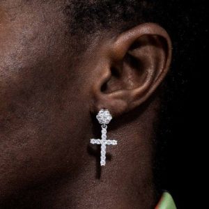 Flower Cluster Cross Earrings in White Gold