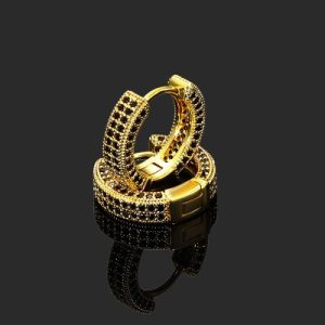 Iced Black Stone Hoop Earrings in Gold