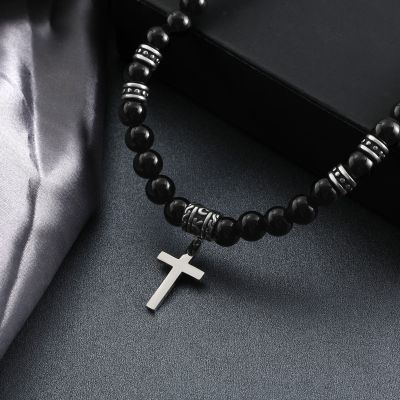 Black Obsidian & Stainless Steel Cross Beads Necklace
