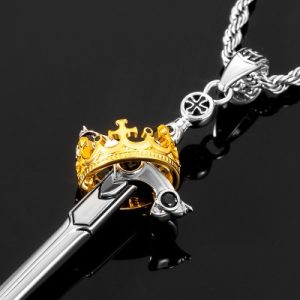 Iced Two Tone Crown Sword Pendant
