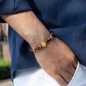 Lion Tiger Eye White Turquoise Beaded Adjustable Bracelet