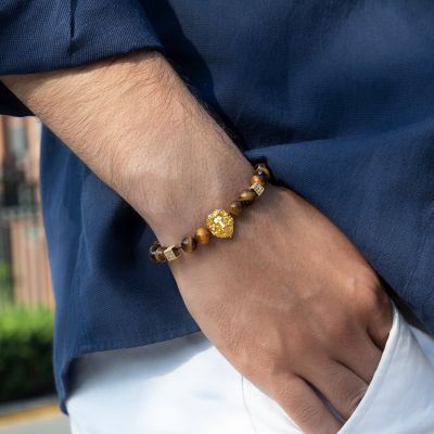 Lion Tiger Eye White Turquoise Beaded Adjustable Bracelet