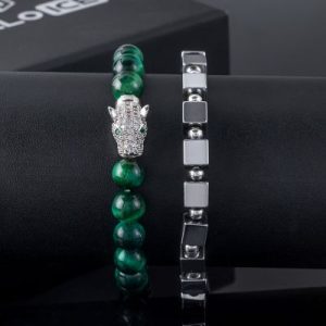 2pcs Iced Panther Green Tiger Eye Beaded Stretch Bracelet
