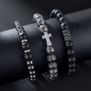 3pcs Iced Cross Natural stones Beaded Stretch Bracelet