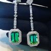 Luxurious Green Emerald Cut Halo Drop Earring in Sterling Silver