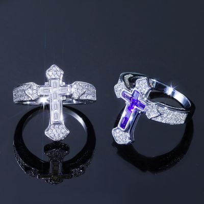 Iced Purple/White Baguette Cut Cross Ring
