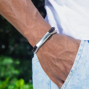 Engraved Obsidian Stainless Steel Beads Bracelet