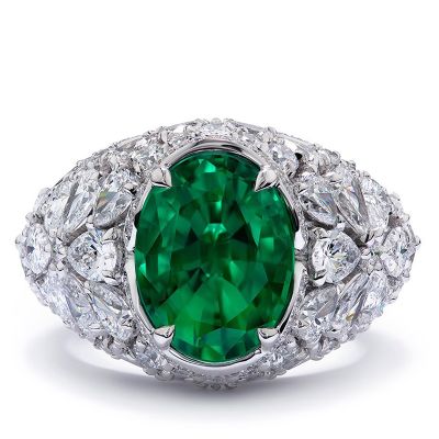 Emerald Oval Cut & White Pear Cut Engagement Ring in Sterling Silver