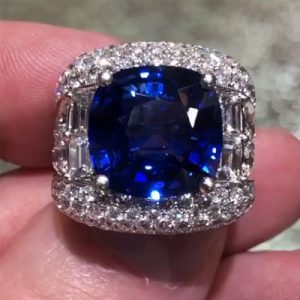 Opulent Iced Sapphire Cushion Cut Sterling Silver Engagement Ring