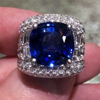 Opulent Iced Sapphire Cushion Cut Sterling Silver Engagement Ring