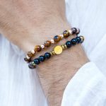 2pcs St. Benedict Medal Tiger Eye Stone & Black Obsidian Stretch Bracelet