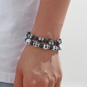 2pcs White & Black Smiling Skull Head Stretch Bracelets Set