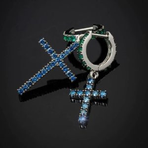 Emerald Huggie & Blue Sapphire Cross Asymmetrical Earrings