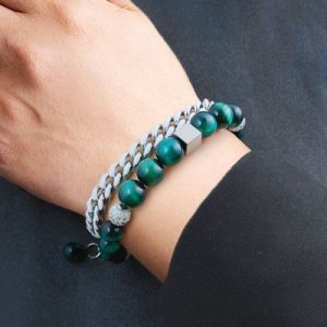 Natural Tiger Eye Stone & Micro Pave Beads Cuban Chain Layer Bracelet