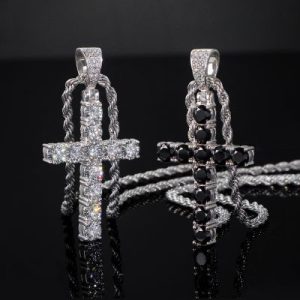 S925 Sterling Silver Moissanite Cross Pendant-White/Black