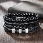 3Pcs Stainless Steel Bangle Leather & Beaded Bracelet