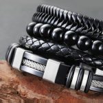 4Pcs Black Leather Stainless Steel & Beads Layered Bracelet