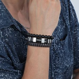 Triple Men's Braided Leather & Beads Layered Bracelet