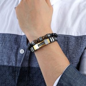 2Pcs Leather Stainless Steel & Beads Bracelet