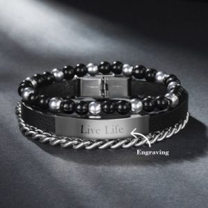 3Pcs Engraved Leather and Bead Bracelets with Cuban Link