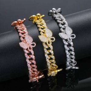 Iced Butterfly Cuban Chain Bracelet-White/Pink Stones