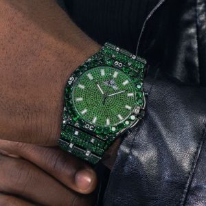Iced Emerald Round Cut Luminous Men's Numerals Watch