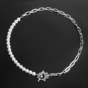 Half Pearl Half Chain with Hamsa Evil Eyes OT Clasp