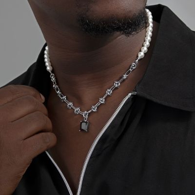 Pearl & Black Emerald Cut Stainless Steel Knot Chain