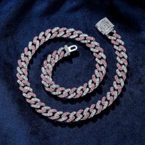 11mm White&Pink Stones Cuban Link Chain