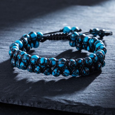 2 Rows Braided Tiger Eyes Blue Turquoise Healing Natural Stone Bracelet