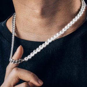 Half Pearl and Steel Cuban Chain Necklace