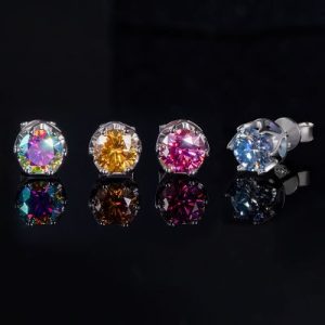 1Ct Crown Moissanite Brilliant Round Cut Stud Earrings in S925 Silver-Pink/Blue/Yellow/Multicolor