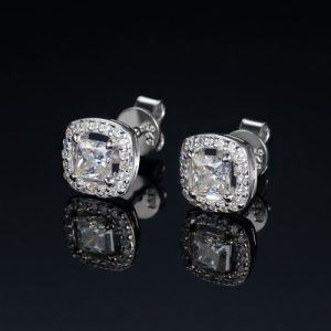 Princess Cut Halo Moissanite Stud Earrings in S925 Sterling Silver