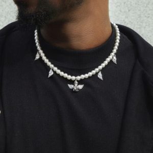 Praying Angel & Wings Charm Pearl Necklace