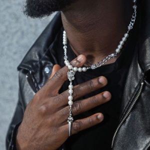 Rose Cuban Link Pearl Drop Necklace with a Cross