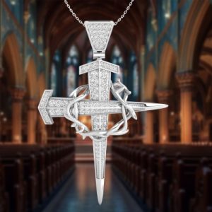 Iced Crown Of Thorns Nail Cross Pendant in Gold