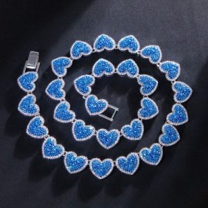 15mm 20'' Clustered Sapphire Heart Link Chain in White Gold