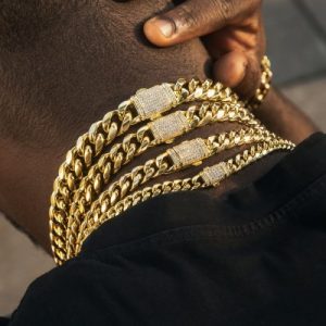 8mm/10mm/12mm/14mm 20" Stainless Steel Micro-paved Spring Buckle Cuban Link Chain In Gold