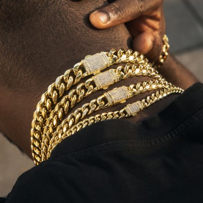 8mm/10mm/12mm/14mm 20" Stainless Steel Micro-paved Spring Buckle Cuban Link Chain In Gold