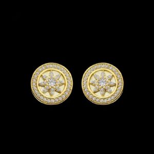 Halo Flower Round Stud Earrings in Gold
