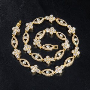 Round Diamonds Cross with Evil Eyes Chain in Gold