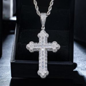 Micro Pave Baguette Cross Pendant in White Gold