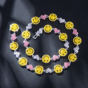 20'' Smile Face & Heart Link Chain in White Gold