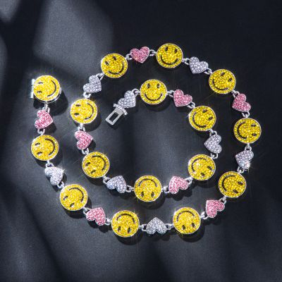 20'' Smile Face & Heart Link Chain in White Gold