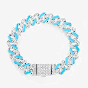 Iced 11mm White Stones & Blue Enamel Cuban Chain Bracelet in White Gold