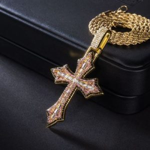 Iced Pink Baguette Cut Cross Pendant in Gold