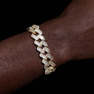 14mm Prong Baguette Cut Box Clasp Cuban Bracelet in Gold